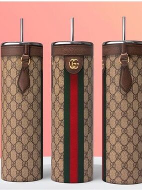 Gucci Brown GG Monogram Tumbler with Green and Red Web Stripe
